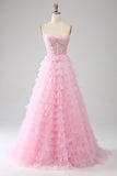 Rosa A-Line Strapless Tiered Long Corset Prom Dress