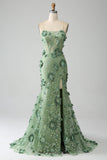 Sereia Esparguete Correias Verde Corset Prom Dress com Apliques