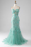 Verde Sereia Esparguete Correias Longo Vestido de Baile com Apliques