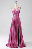 Fuchsia A-Line Esparguete Alças Vestido de Baile Plissado com Fenda