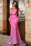 Hot Pink Glitter Sereia Prom Dress com Missanga Cintura