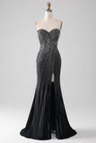 Preto Glitter Strapless Sereia Prom Dress com Fenda