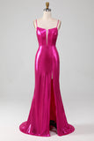 Sparkly Hot Pink Sereia Vestido de Baile Simples Com Fenda