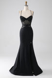 Sereia Preto Esparguete Alças Longo Vestido de Baile com Fenda