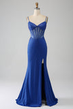 Vestido de baile de baile de espartilho azul real sereia com missangas