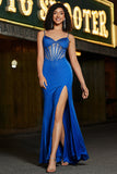 Sereia Royal Blue Glitter Corset Prom Dress com Missangas