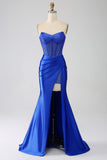 Sereia Strapless Royal Blue Corset Prom Dress com Missangas