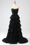 A-Line Sequins Preto Tiered Prom Dress com Fenda