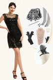 Preto Lantejoulas 1920s Vestido Com 20s Acessórios Set