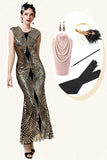 Dourado 1920s Vestido Com Conjunto de Acessórios 20s