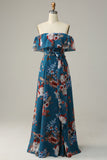 Azul escuro Floral Boho Chiffon Vestido Longo Madrinha