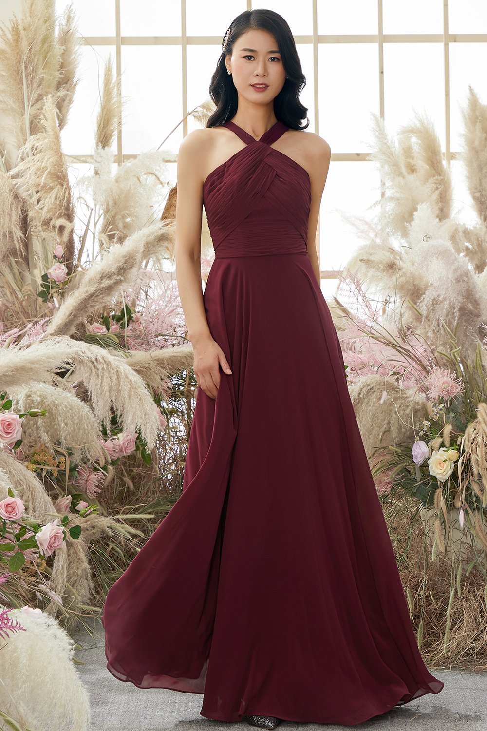 Borgonha Alça Vestido De Chiffon Dama De Honra