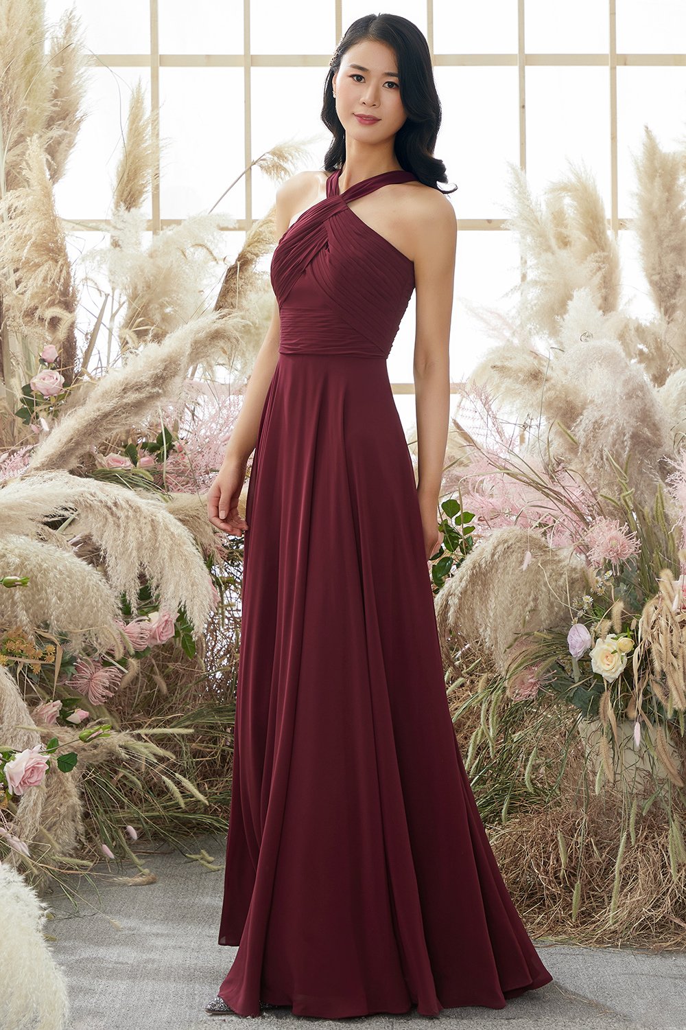 Borgonha Alça Vestido De Chiffon Dama De Honra