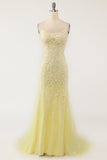 Vestido de baile longo da sereia amarela com apliques