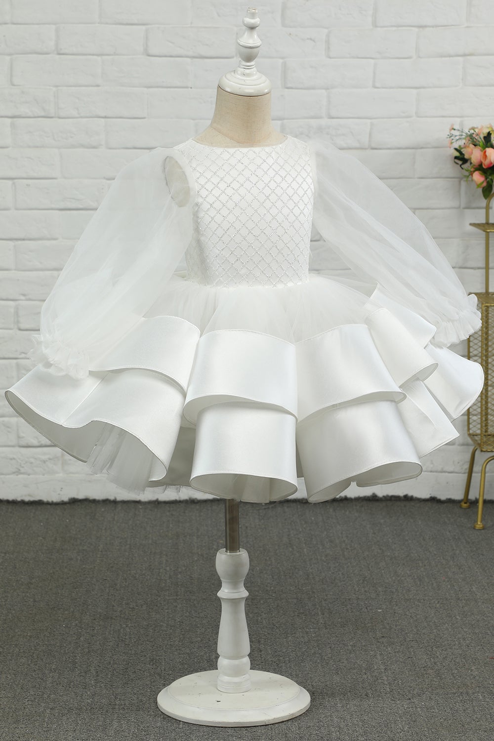 Marfim manga comprida flor menina vestido