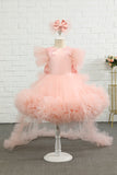 Rosa-alto-baixo tulle flor menina vestido com arco