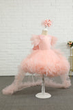Rosa-alto-baixo tulle flor menina vestido com arco