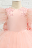 Rosa-alto-baixo tulle flor menina vestido com arco