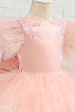 Rosa-alto-baixo tulle flor menina vestido com arco