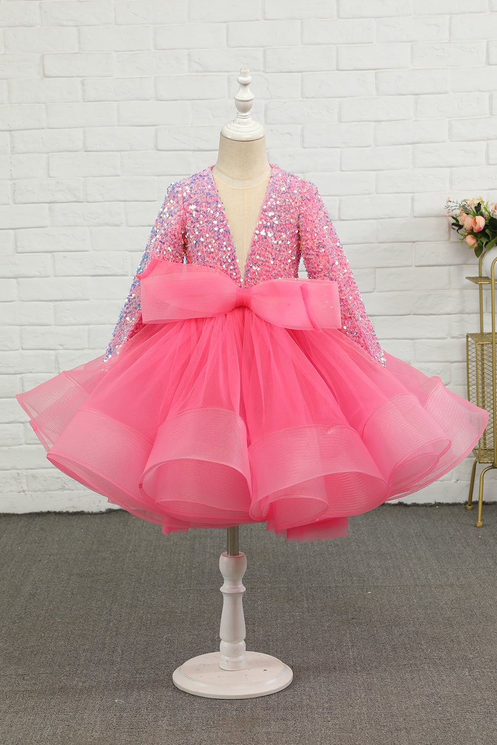 Fuchsia Tulle Lantejoulas Vestido de menina de flor