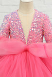 Fuchsia Tulle Lantejoulas Vestido de menina de flor