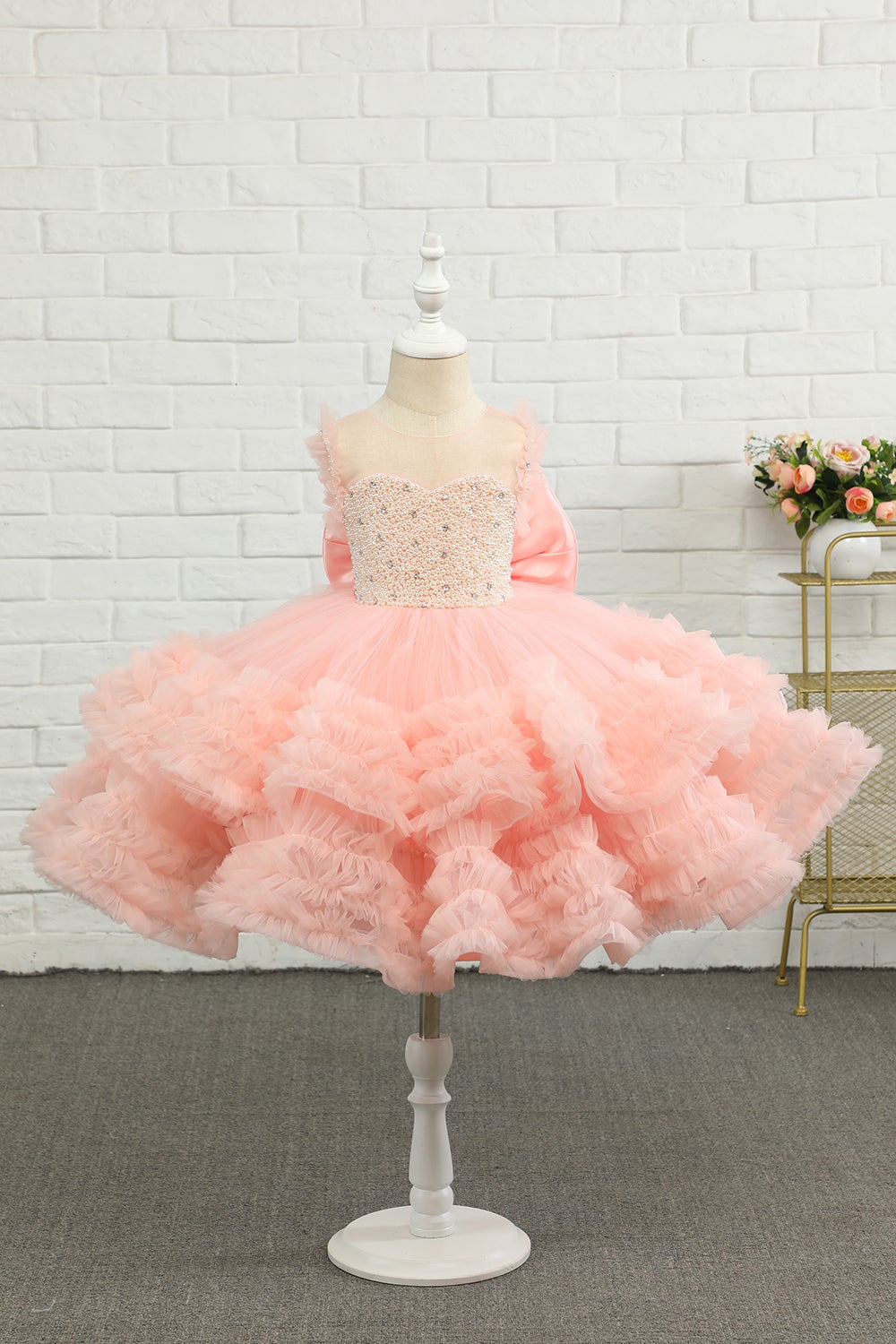 Vestido de menina de flor de tulle de missanga rosa com arco