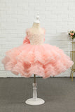 Vestido de menina de flor de tulle de missanga rosa com arco