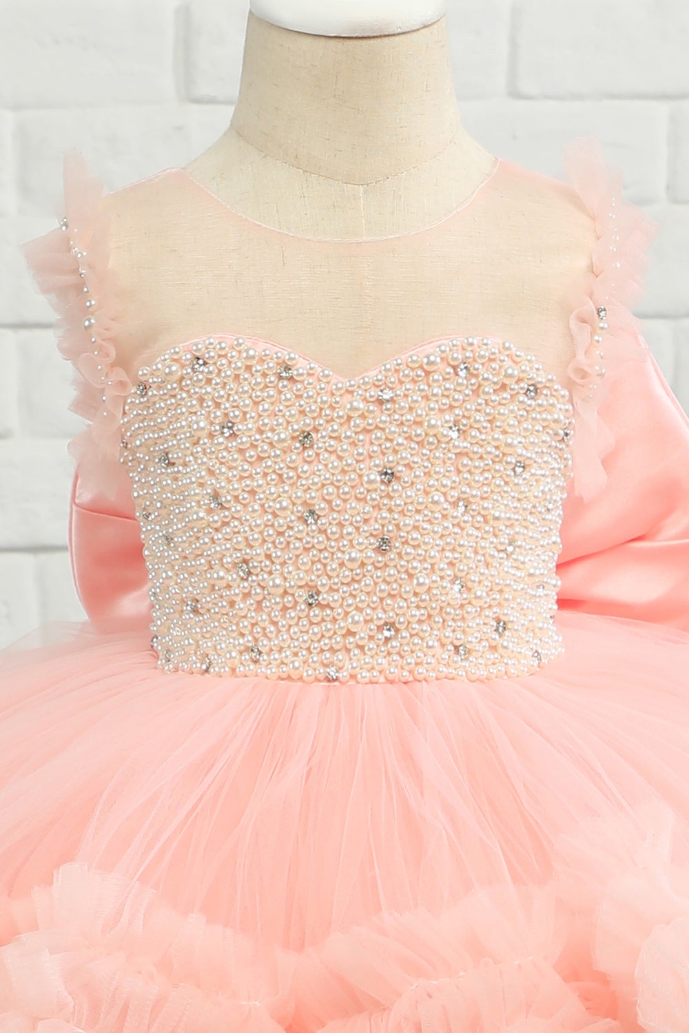 Vestido de menina de flor de tulle de missanga rosa com arco
