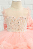 Vestido de menina de flor de tulle de missanga rosa com arco