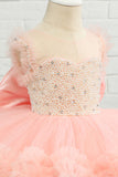 Vestido de menina de flor de tulle de missanga rosa com arco