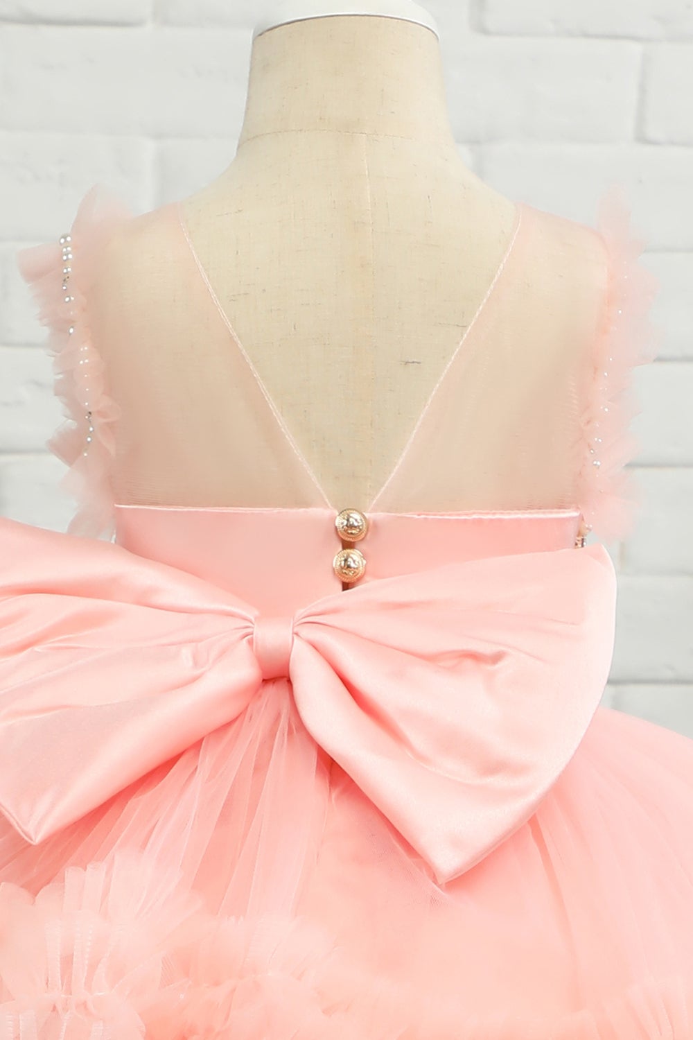 Vestido de menina de flor de tulle de missanga rosa com arco