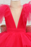 Fuchsia Tulle Flower Girl Dress com arco de lantejoulas