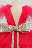 Fuchsia Tulle Flower Girl Dress com arco de lantejoulas