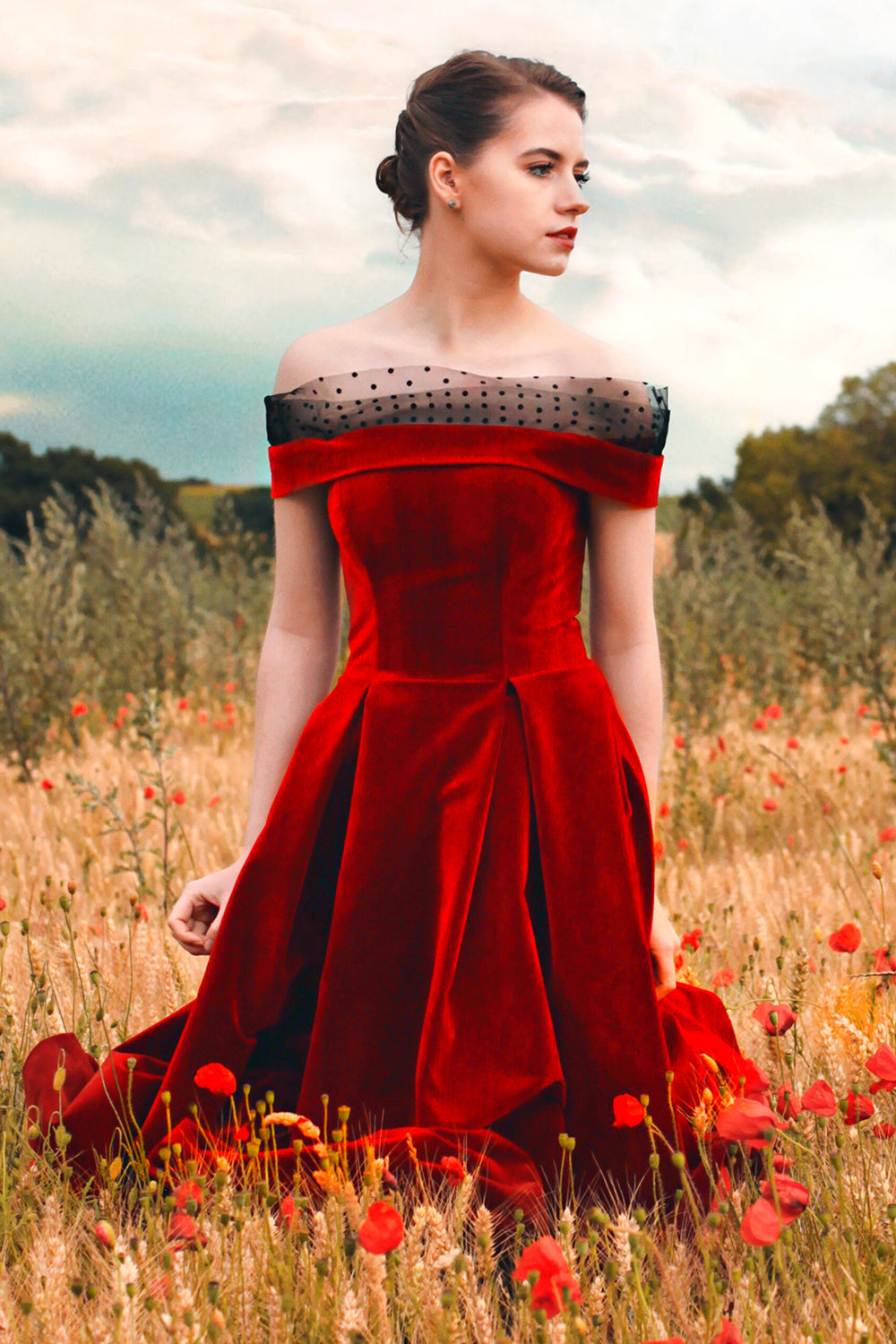 Vestido de Veludo Fora do ombro Borgonha