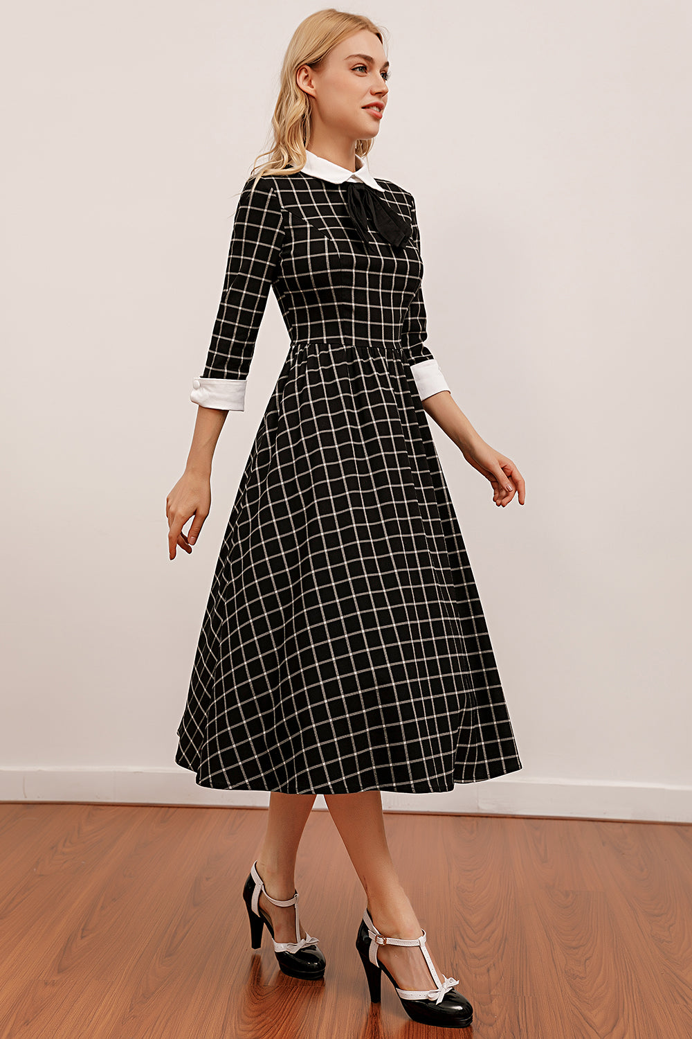 Vestido de balanço Midi xadrez preto vintage