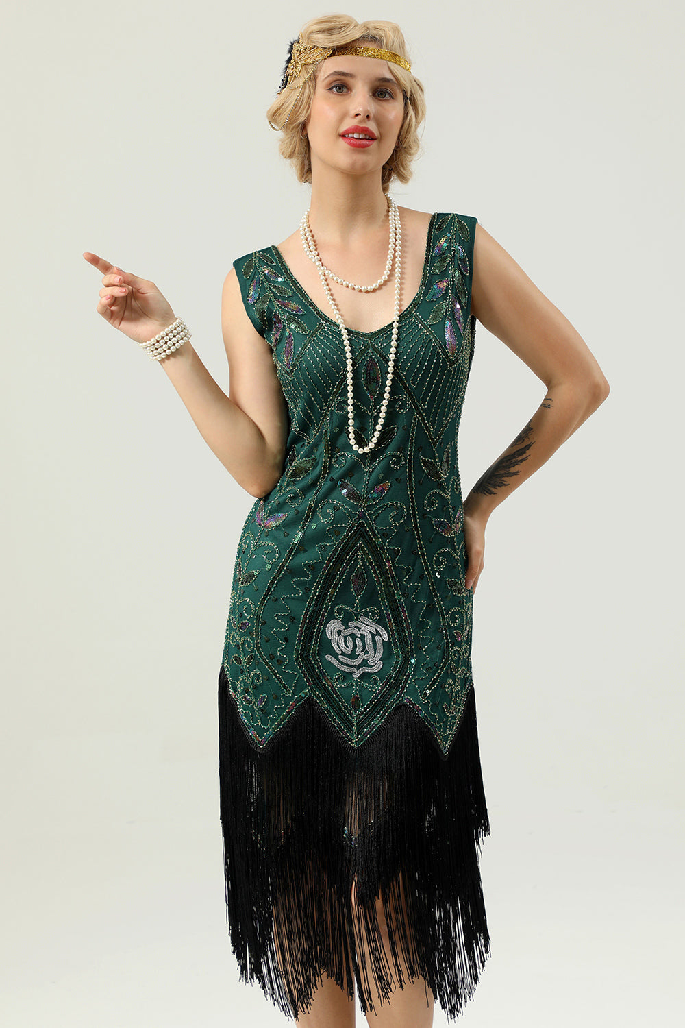 Dark Green Beaded Glitter Fringe 1920s Flapper Dress