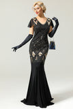 Vestido longo preto de lantejoulas da década de 1920