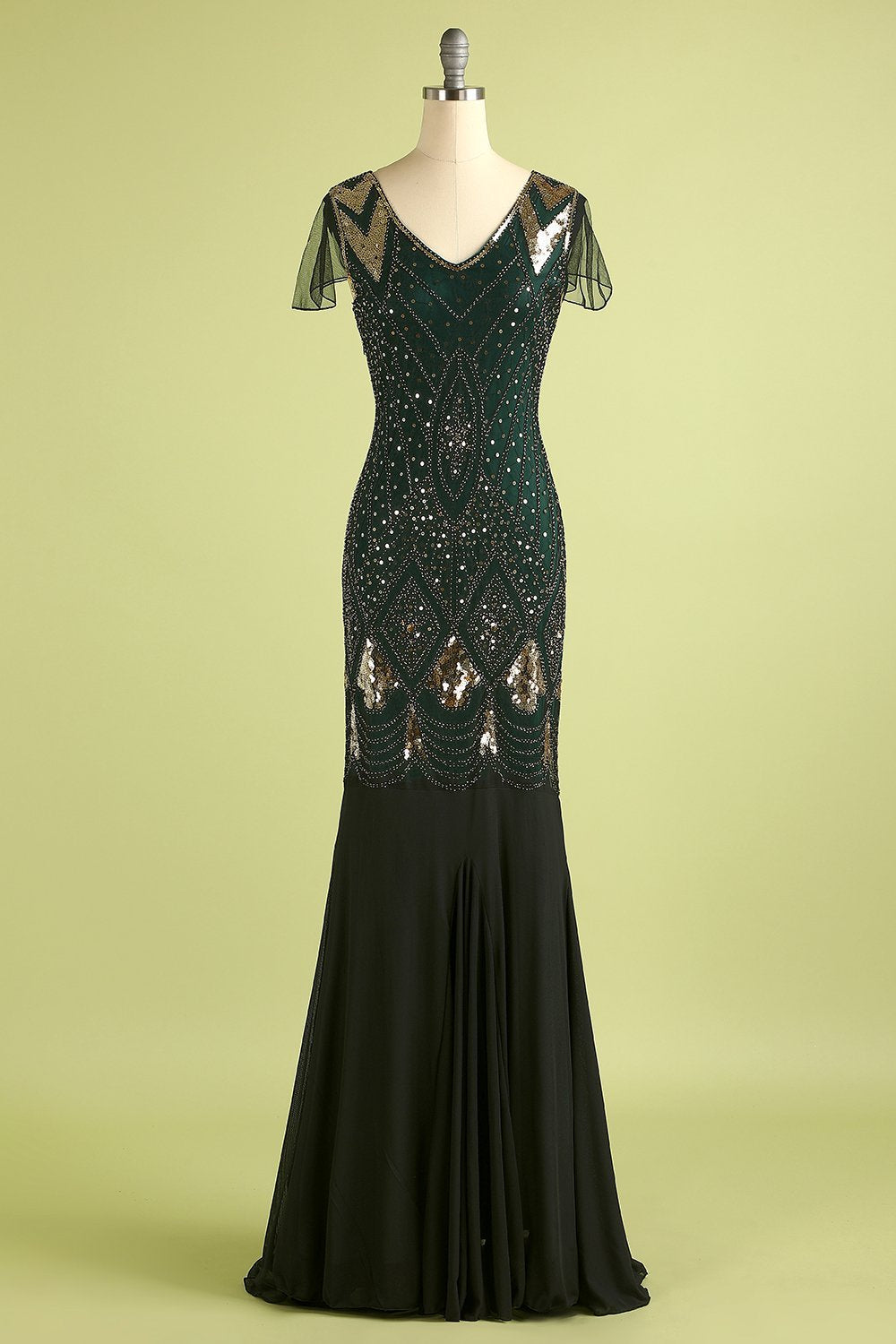 Vestido longo preto de lantejoulas da década de 1920