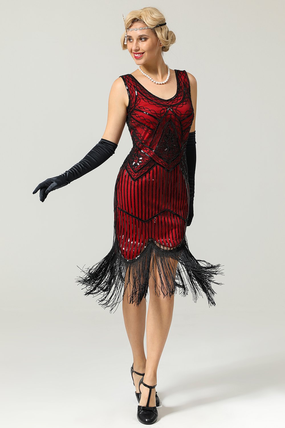 Vestido vermelho e preto Deep V Neck Flapper 1920