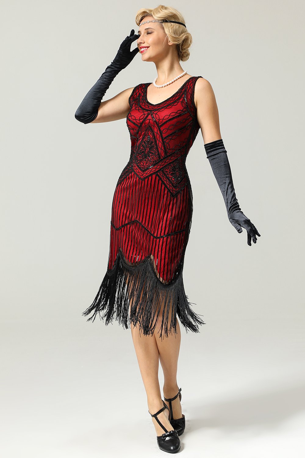 Vestido vermelho e preto Deep V Neck Flapper 1920