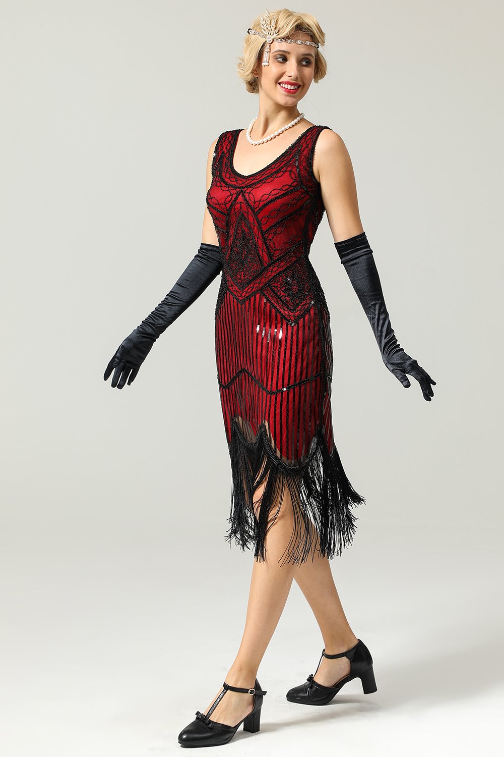 Vestido vermelho e preto Deep V Neck Flapper 1920