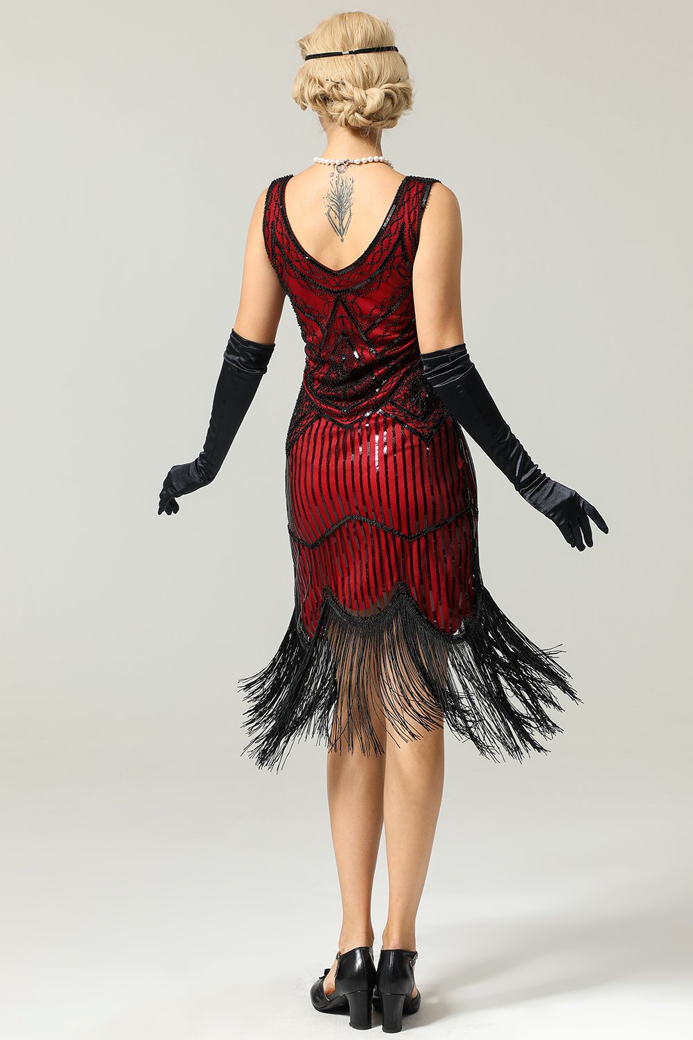 Vestido vermelho e preto Deep V Neck Flapper 1920