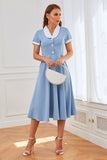 Vestido azul de balanço dos anos 50 com bolsos