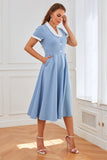 Vestido azul de balanço dos anos 50 com bolsos