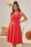 Vestido vermelho de bolinhas halter dos anos 50