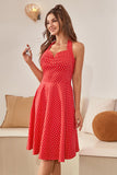 Vestido vermelho de bolinhas halter dos anos 50