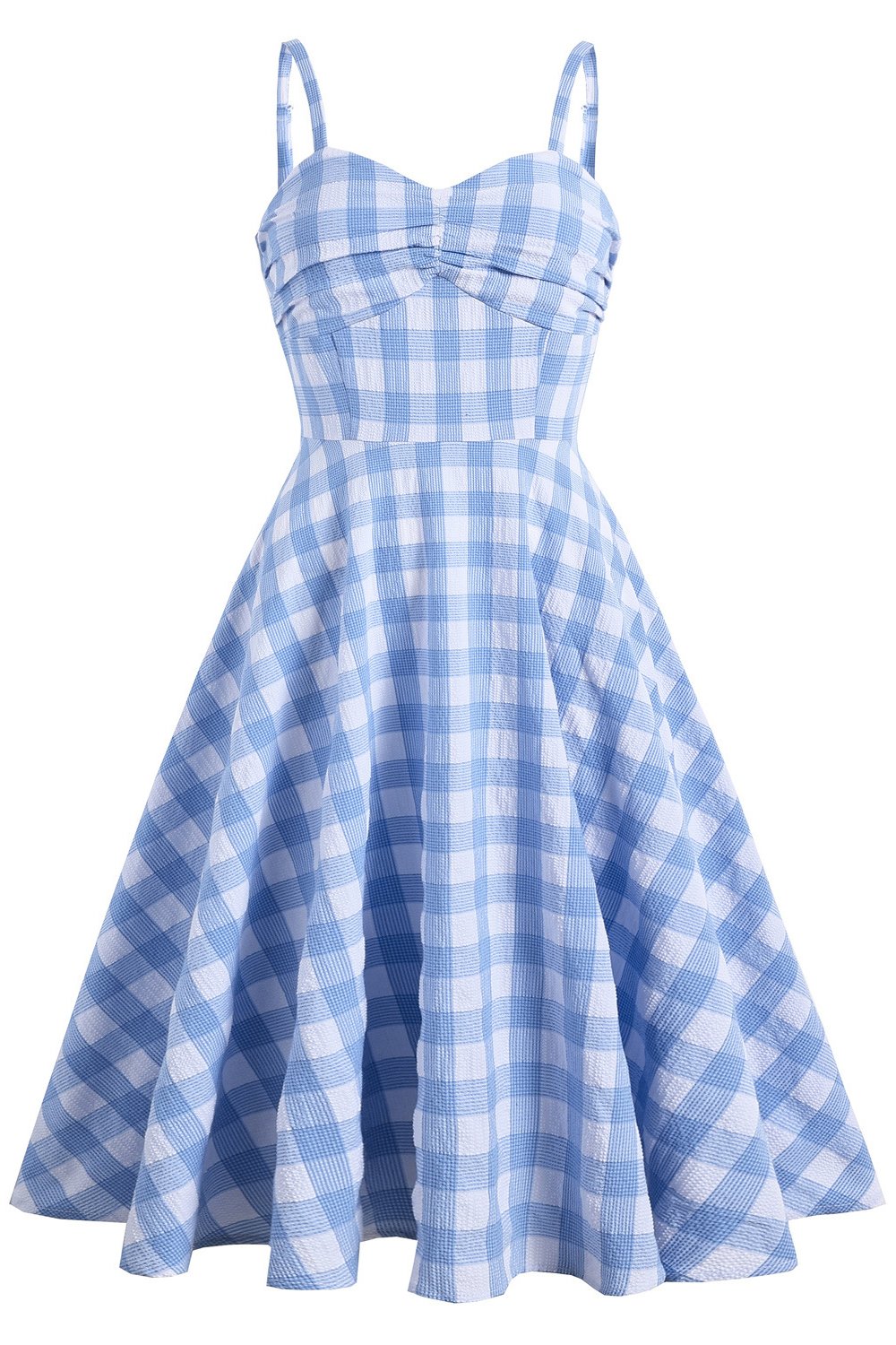 Vestido de balanço azul xadrez de 1950