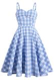 Vestido de balanço azul xadrez de 1950