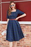 Vestido vintage de xadrez azul verde