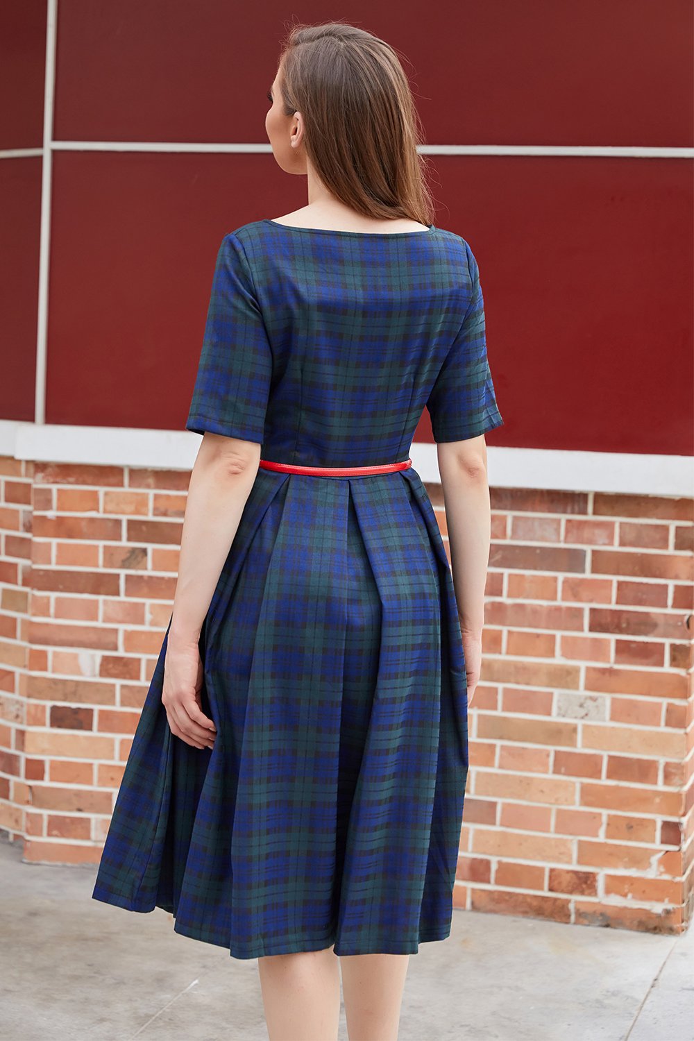 Vestido vintage de xadrez azul verde
